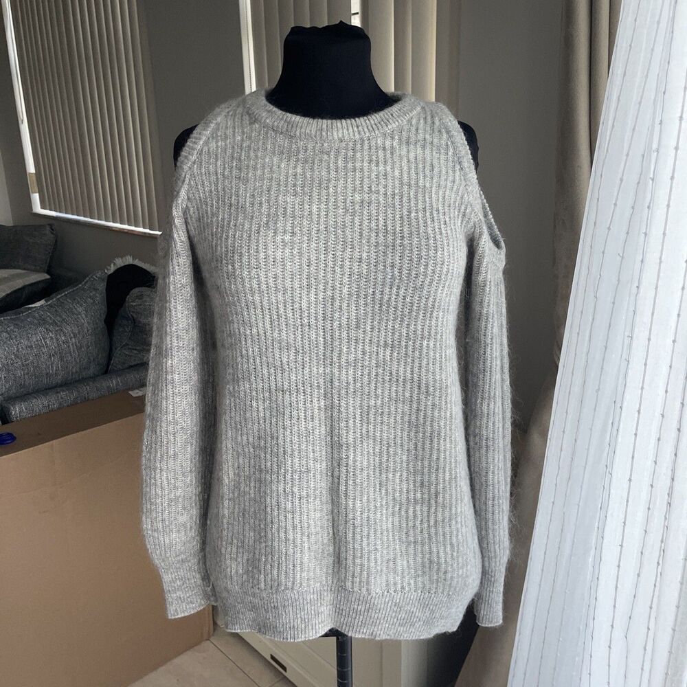 Michael Kors cold shoulder flounce Mohair Blend Gray Knit Ribbed Sweater size S